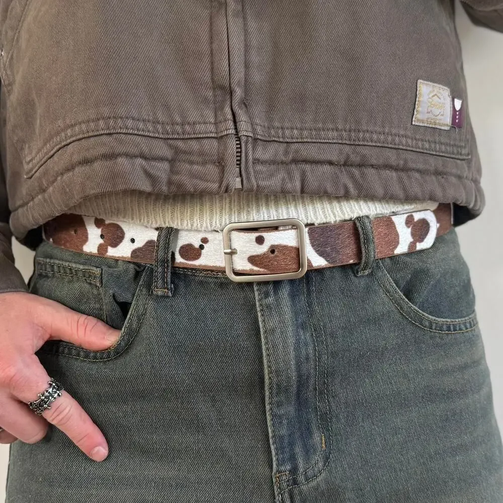 y2k western brown and white cow print cowboy boho belt